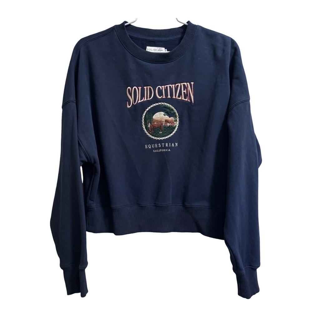 Solid Citizen Equestrian Embroidered Crew Sweatshirt Navy Blue Size Medium